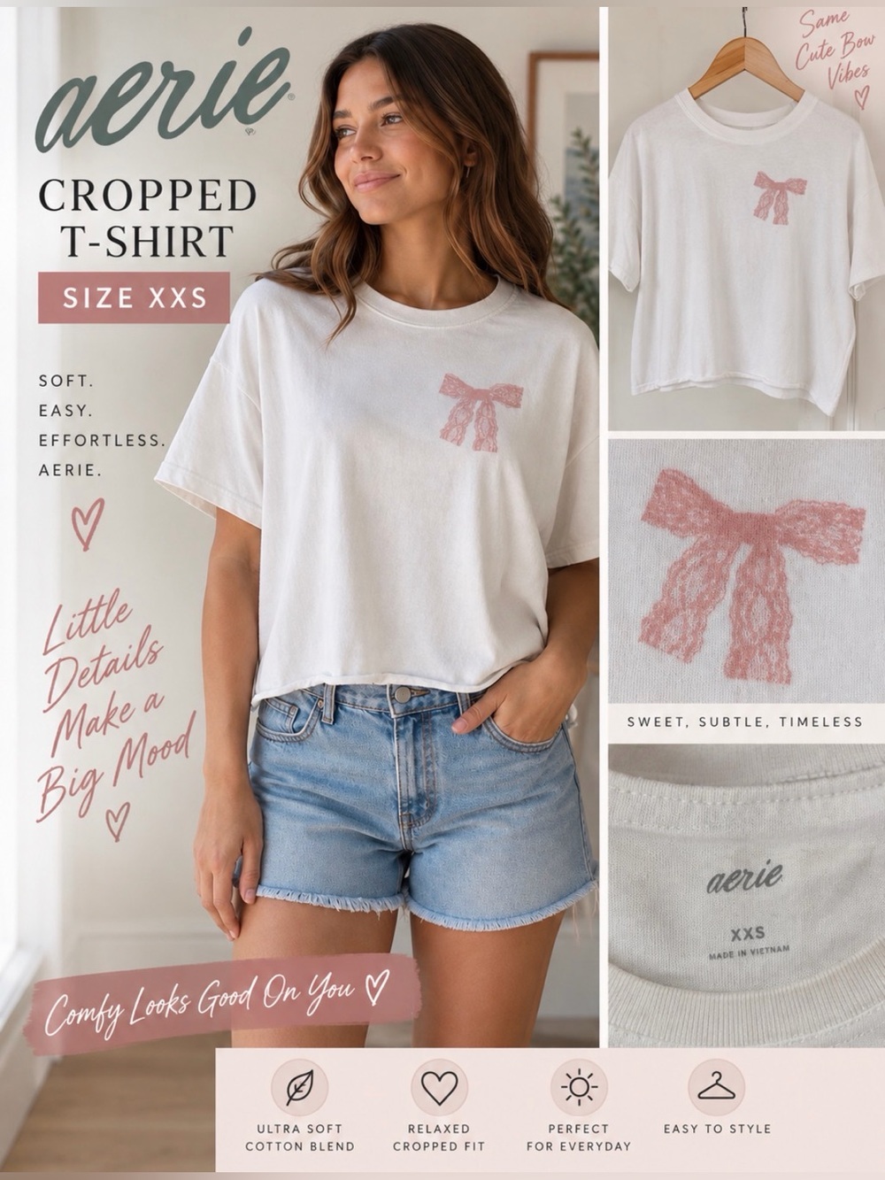 aerie White Crop Tee with Pink Lace Bow.